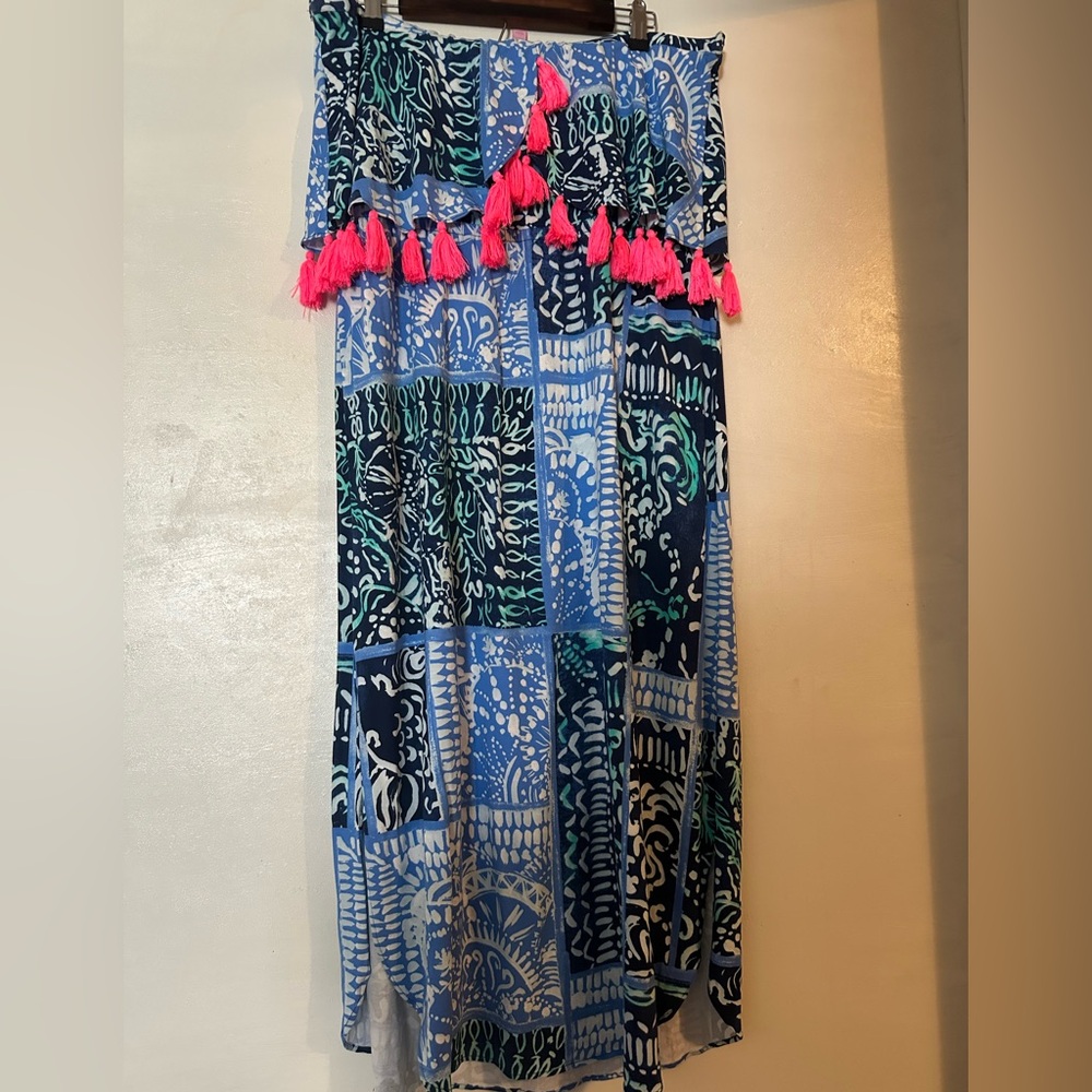 Lilly Pulitzer Blue Patterned Maxi Dress with Hot Pink Tassels - Picture 2 of 6